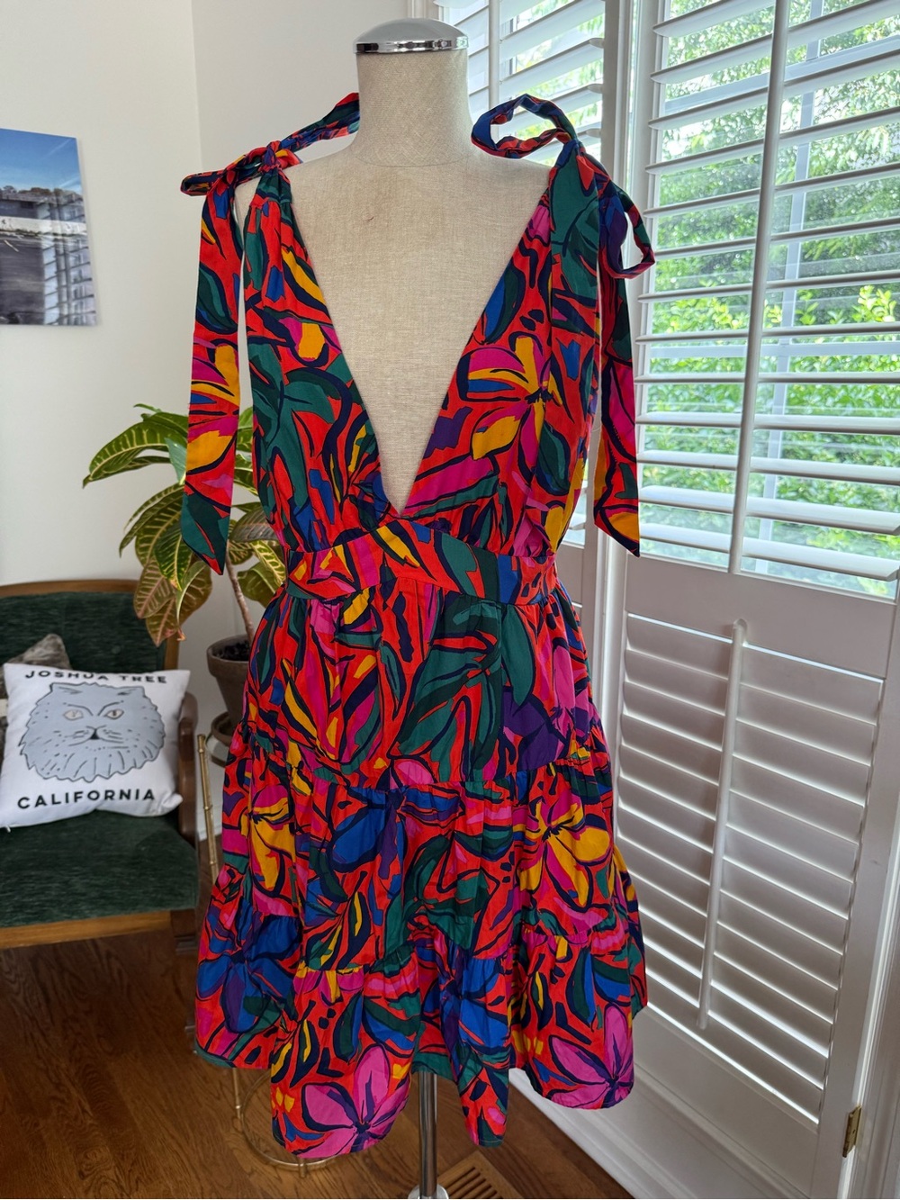 Vibrant Multicolor Tie-Shoulder V-Neck Summer Dress